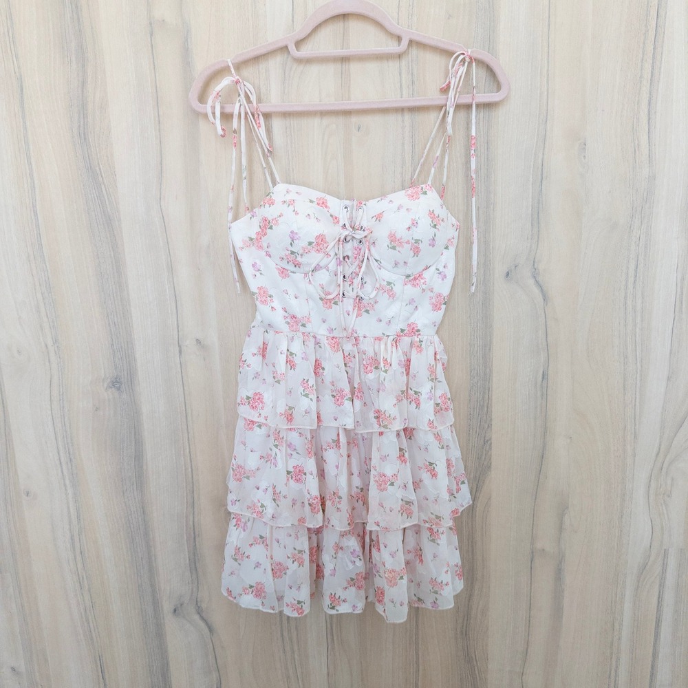 Altar'd State Floral Corset Mini Dress XS Lace Up Ruffle Coquette Fairy Cottage
